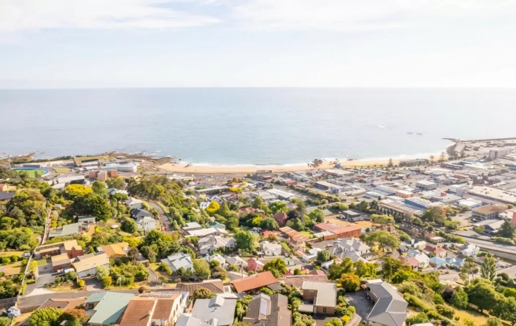 A drone shot of the town of Burnie