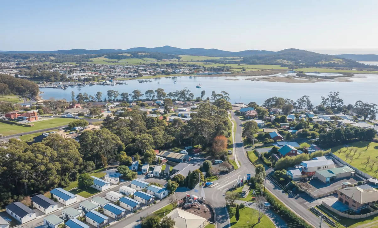 A drone shot of St Helens, with the town and water