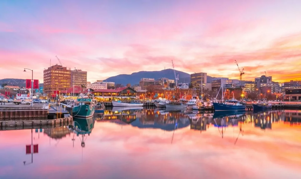 Hobart's waterfront at sunset